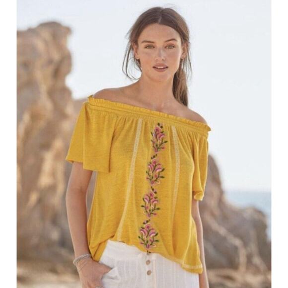 Sundance Dancing Garden Blouse Top Linen Floral Embroidery Boho Peasant Yellow S - Picture 1 of 10
